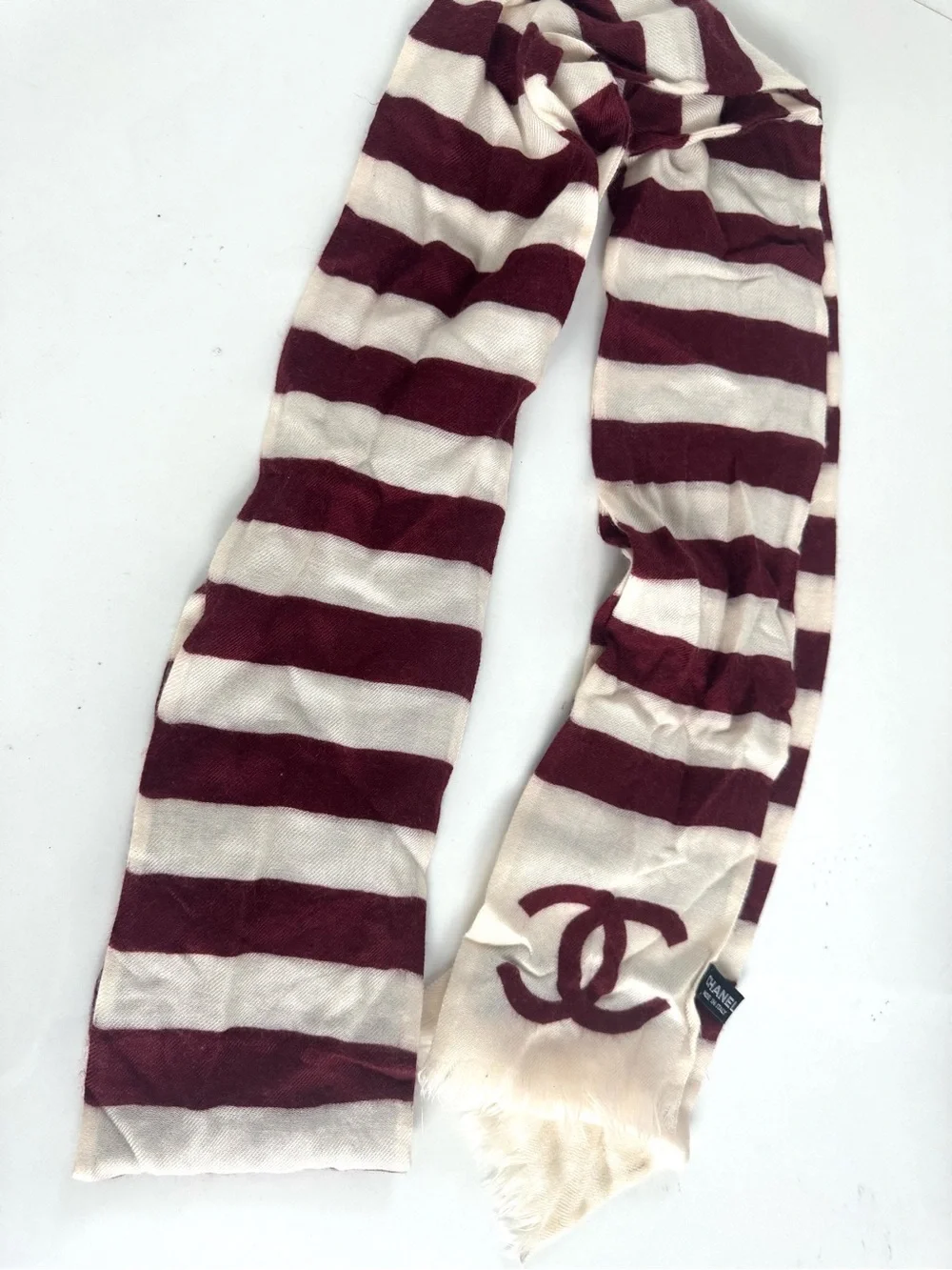 CHANEL Cashmere Burgundy and Cream Striped Logo Scarf 2009-2010 cruise collectio
